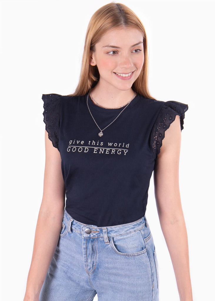 Camiseta estampada con mangas de ojalillo para mujer - Flashy