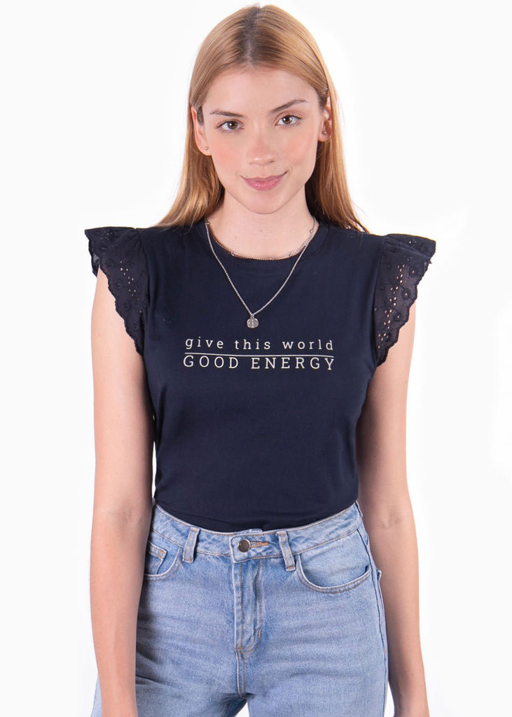Camiseta estampada con mangas de ojalillo para mujer - Flashy