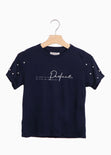 Camiseta estampada con perlas en mangas para mujer - Flashy