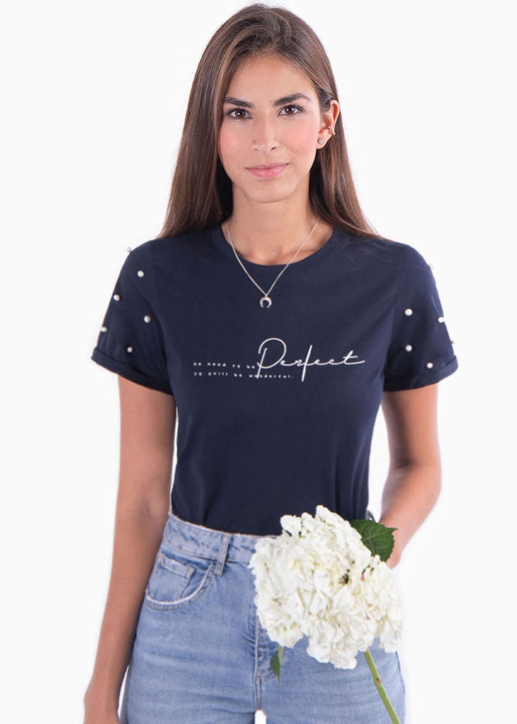 Camiseta estampada con perlas en mangas para mujer - Flashy