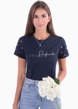 Camiseta estampada con perlas en mangas para mujer - Flashy