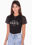 Camiseta manga corta con perlas en hombros para mujer - Flashy