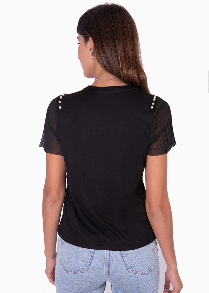 Camiseta manga corta con perlas en hombros para mujer - Flashy