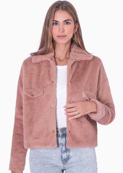 Chaqueta de botones con pelo sintético color rosado para mujer - Flashy