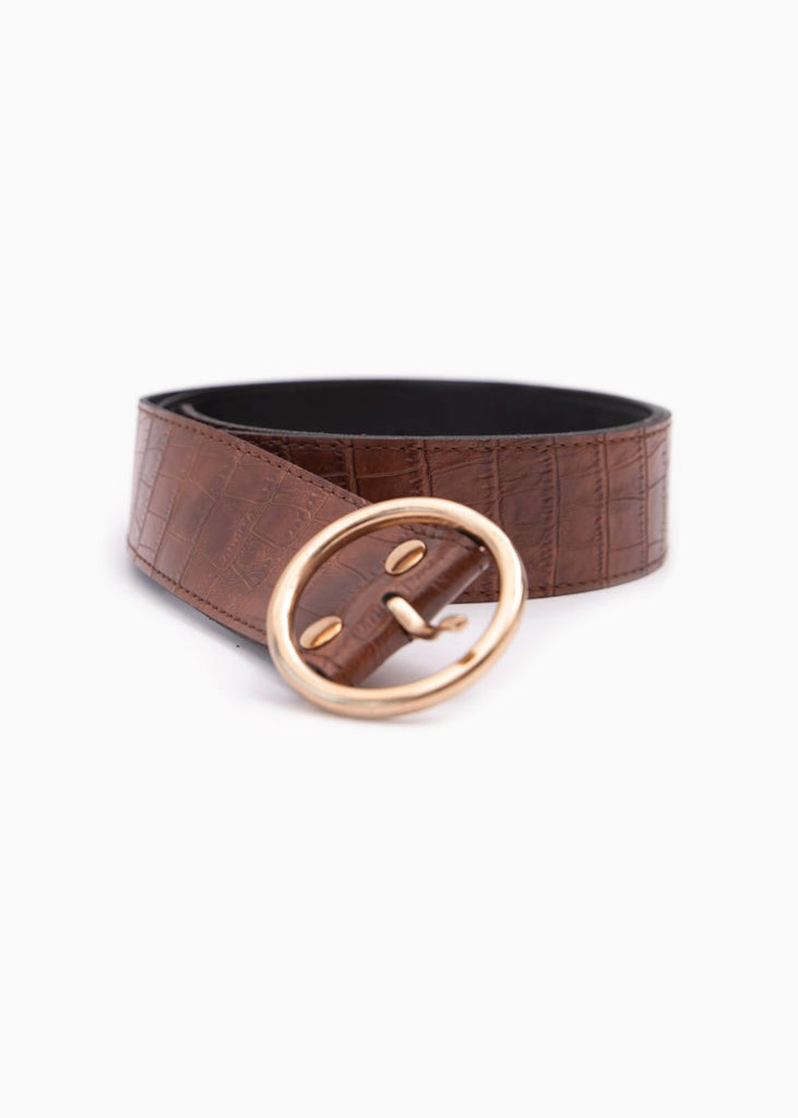 Cinturón con textura de piel y hebilla redonda para mujer - Flashy