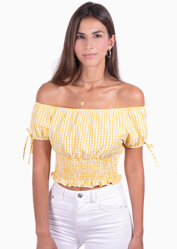 Crop top campesino con estampado de cuadros para mujer - Flashy