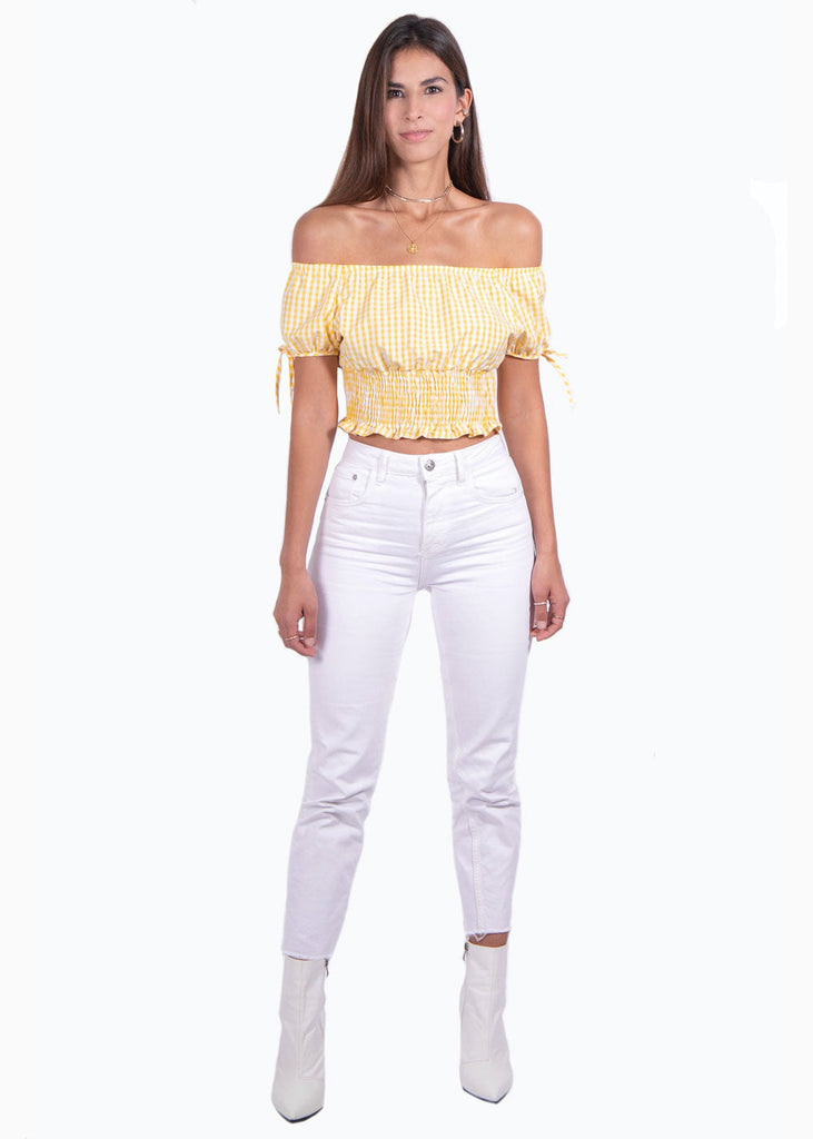 Crop top campesino con estampado de cuadros para mujer - Flashy