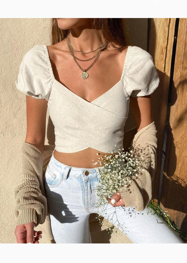 Crop top con escote cruzado y mangas embombadas para mujer - Flashy