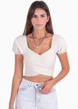 Crop top con escote cruzado y mangas embombadas para mujer - Flashy