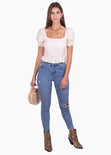 Crop top de lino con mangas embombadas y escote cuadrado para mujer - Flashy