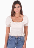 Crop top de lino con mangas embombadas y escote cuadrado para mujer - Flashy