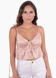 Crop top de tiras con anudado y boleros en satín color rosado para mujer - Flashy