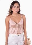 Crop top de tiras con anudado y boleros en satín color rosado para mujer - Flashy