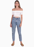 Crop top con escote off shoulder y abdomen cruzado color blanco para mujer - Flashy