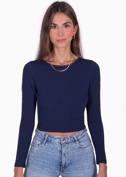 Crop top manga larga con espalda descubierta color azul para mujer - Flashy