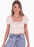 Crop top con mangas abullonadas de ojalillo color blanco, marfil para mujer - Flashy