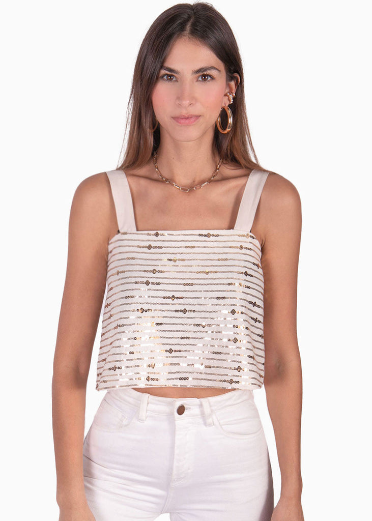 Crop top de tiras con escote cuadrado y lentejuelas color blanco para mujer - Flashy