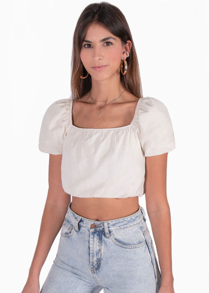 Crop top de lino con mangas abullonadas y escote cuadrado color beige para mujer - Flashy