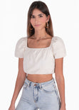 Crop top de lino con mangas abullonadas y escote cuadrado color beige para mujer - Flashy
