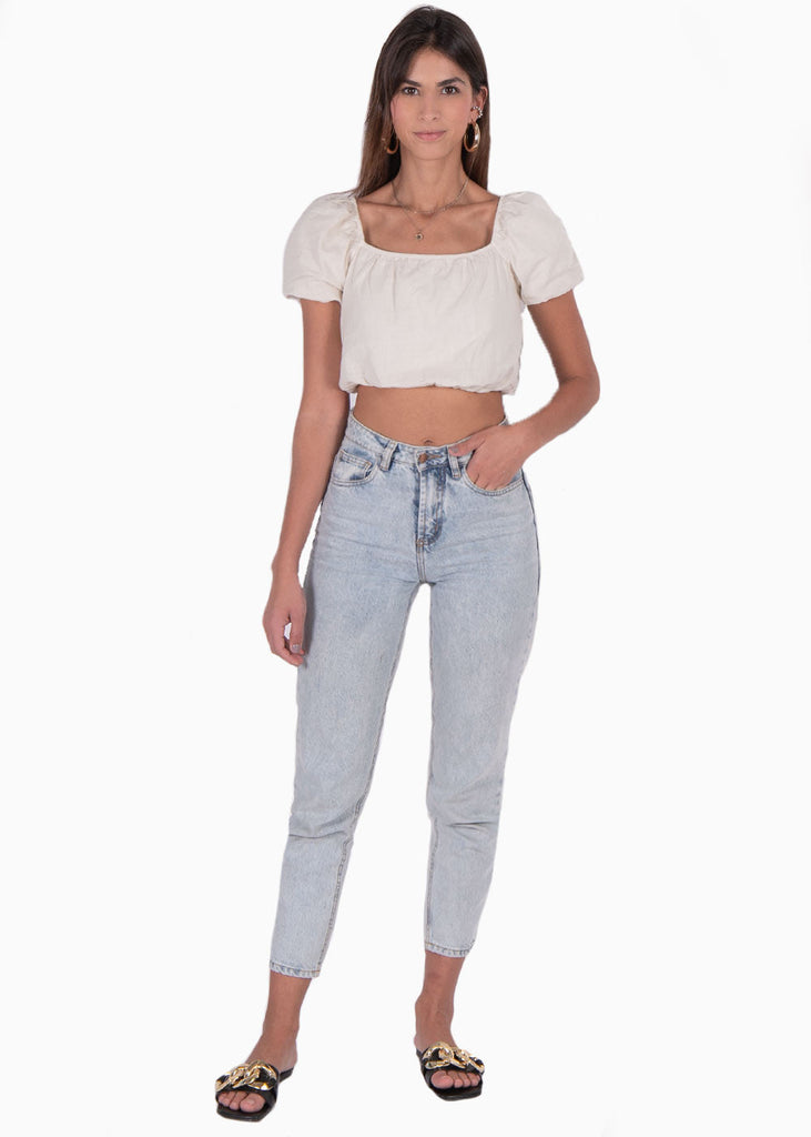 Crop top de lino con mangas abullonadas y escote cuadrado color beige para mujer - Flashy