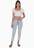 Crop top de lino con mangas abullonadas y escote cuadrado color beige para mujer - Flashy