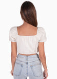 Crop top de lino con mangas abullonadas y escote cuadrado color beige para mujer - Flashy