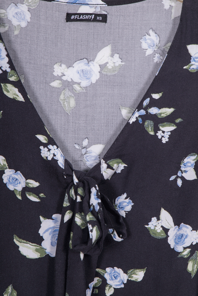 Blusa de flores manga larga con anudado en escote para mujer - Flashy