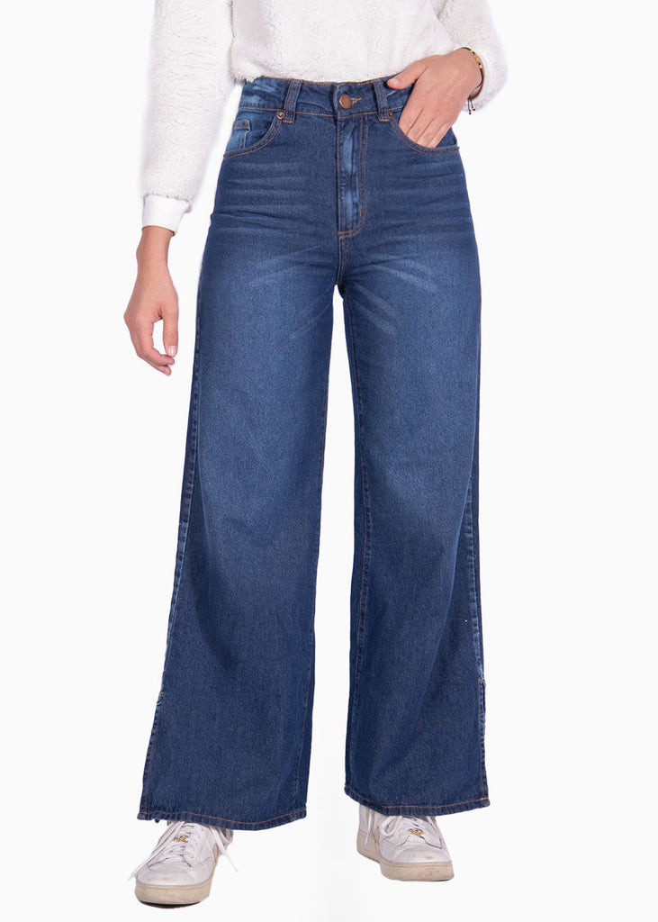 Jean tiro alto bota ancha color azul, denim para mujer - Flashy