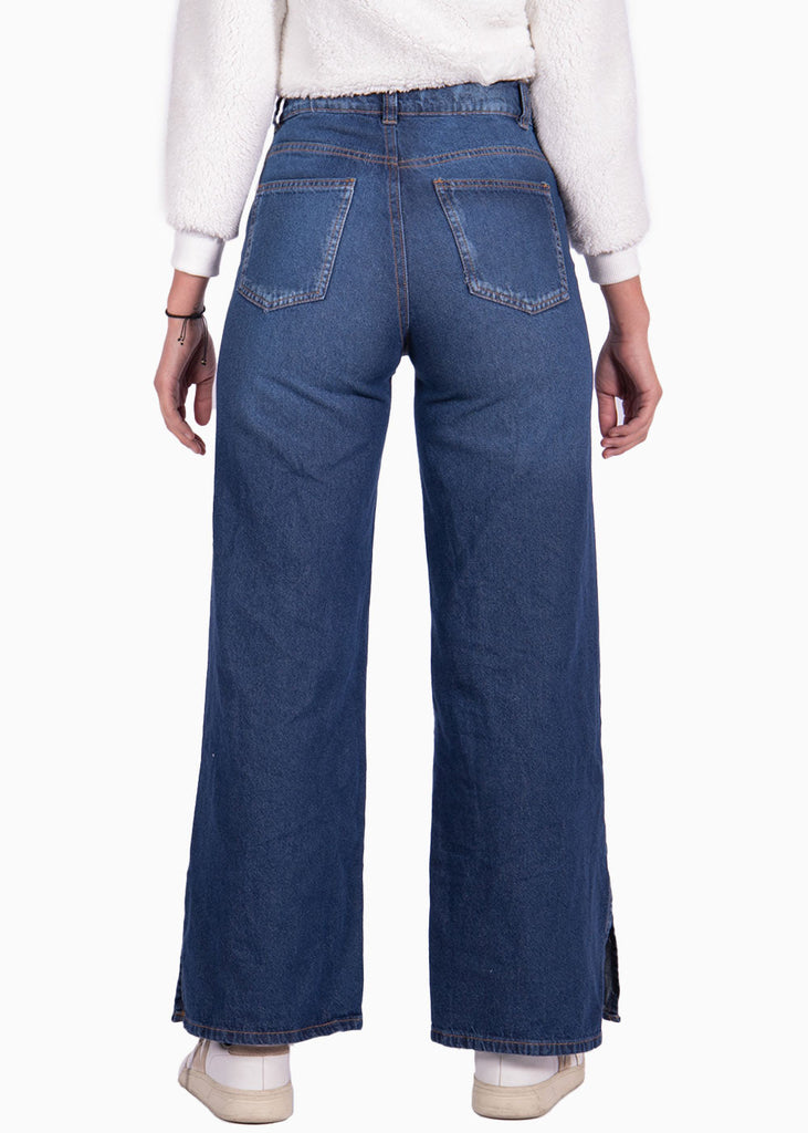 Jean tiro alto bota ancha color azul, denim para mujer - Flashy