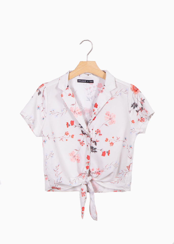 Blusa manga corta con anudado y estampado de flores para mujer - Flashy