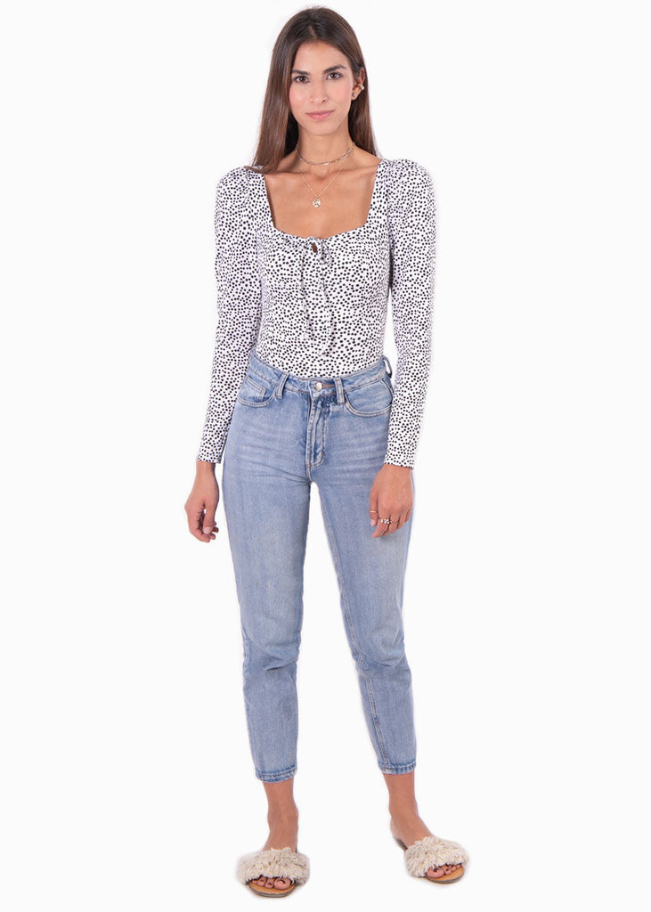 Blusa manga larga con estampado de puntos y escote cuadrado para mujer - Flashy