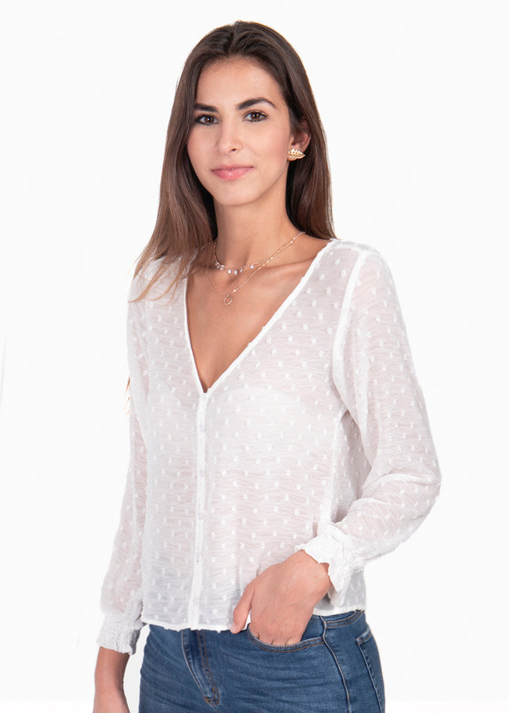 Blusa manga larga con bordado de puntos para mujer - Flashy