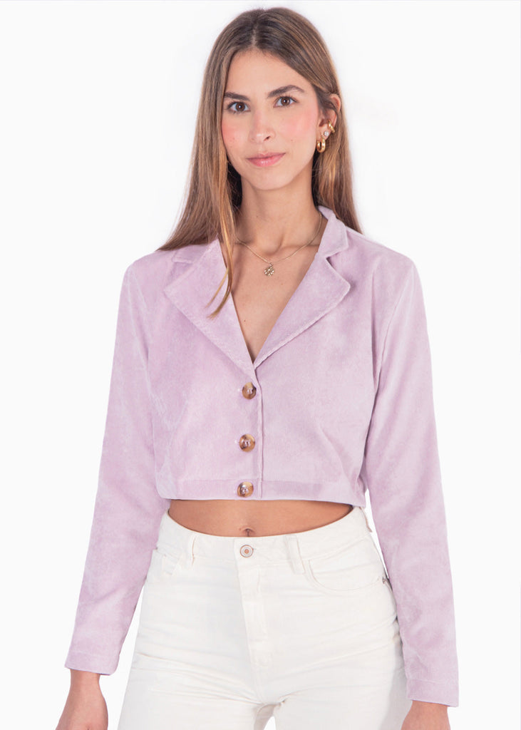 Blazer tipo sastre corto de corduroy color lila para mujer - Flashy