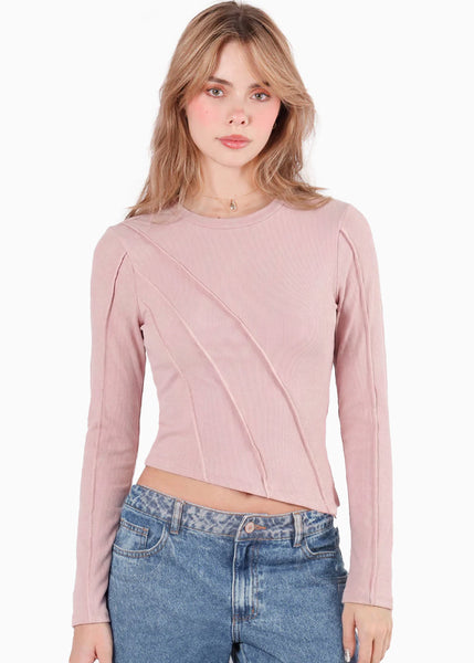 Blusa asimétrica de manga larga con sesgos - QUERETARO