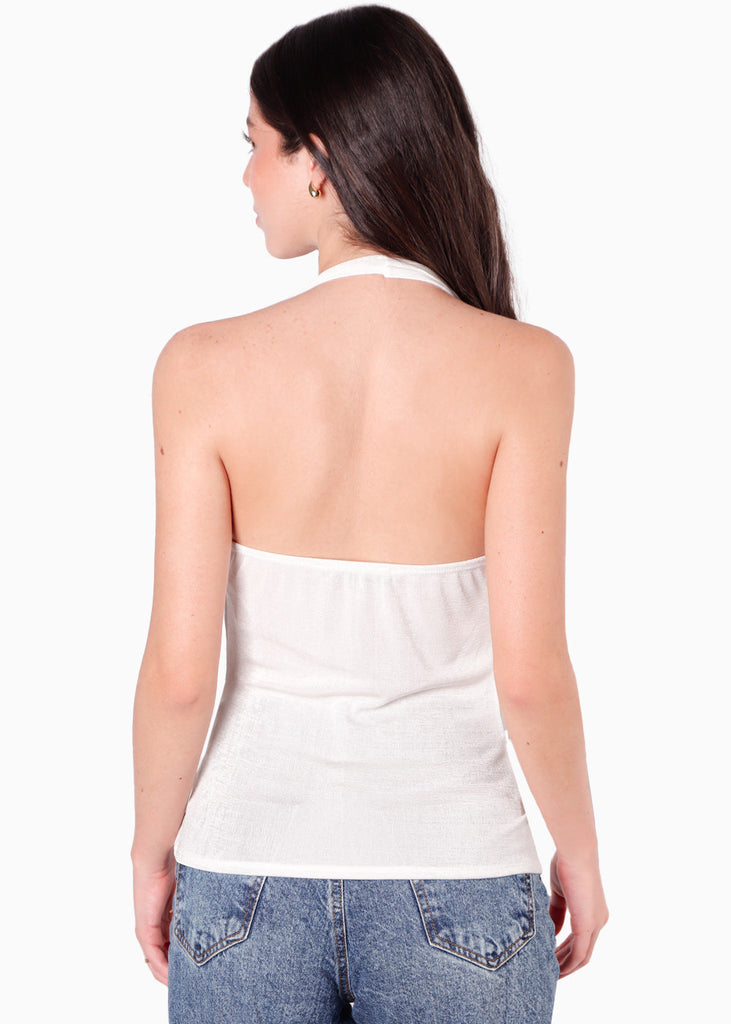Blusa con drapeado en escote tipo halter color blanco, marfil para mujer - Flashy