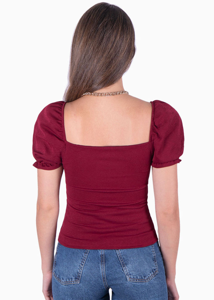 Blusa con escote en v y mangas embombadas color vino para mujer - Flashy