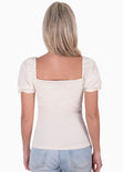 Blusa con escote en v y mangas embombadas color blanco, marfil para mujer - Flashy