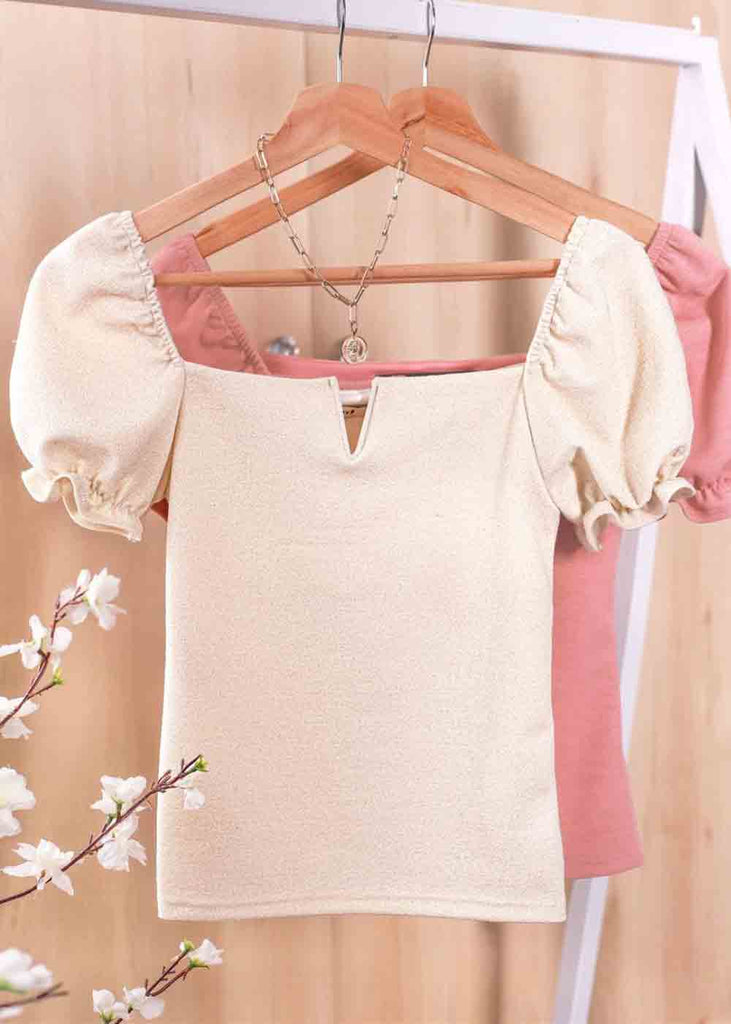 Blusa con escote en v y mangas embombadas color blanco, marfil para mujer - Flashy