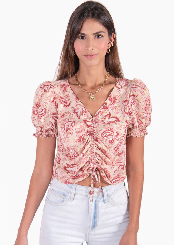 Blusa con estampado de flores con recogido en frente para mujer - Flashy