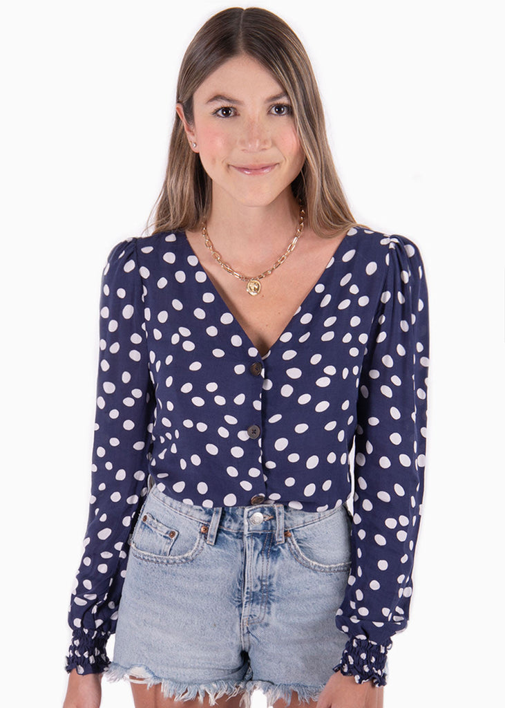 Blusa con estampado de puntos y recogido en mangas para mujer - Flashy