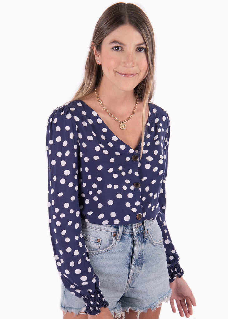 Blusa con estampado de puntos y recogido en mangas para mujer - Flashy