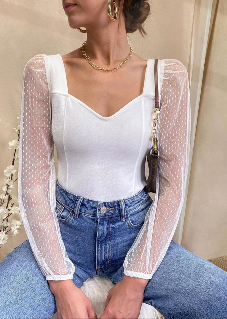 Blusa con manga larga transparente y puntos color blanco para mujer - Flashy