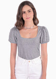 Blusa con mangas embombadas y escote cuadrado color gris para mujer - Flashy