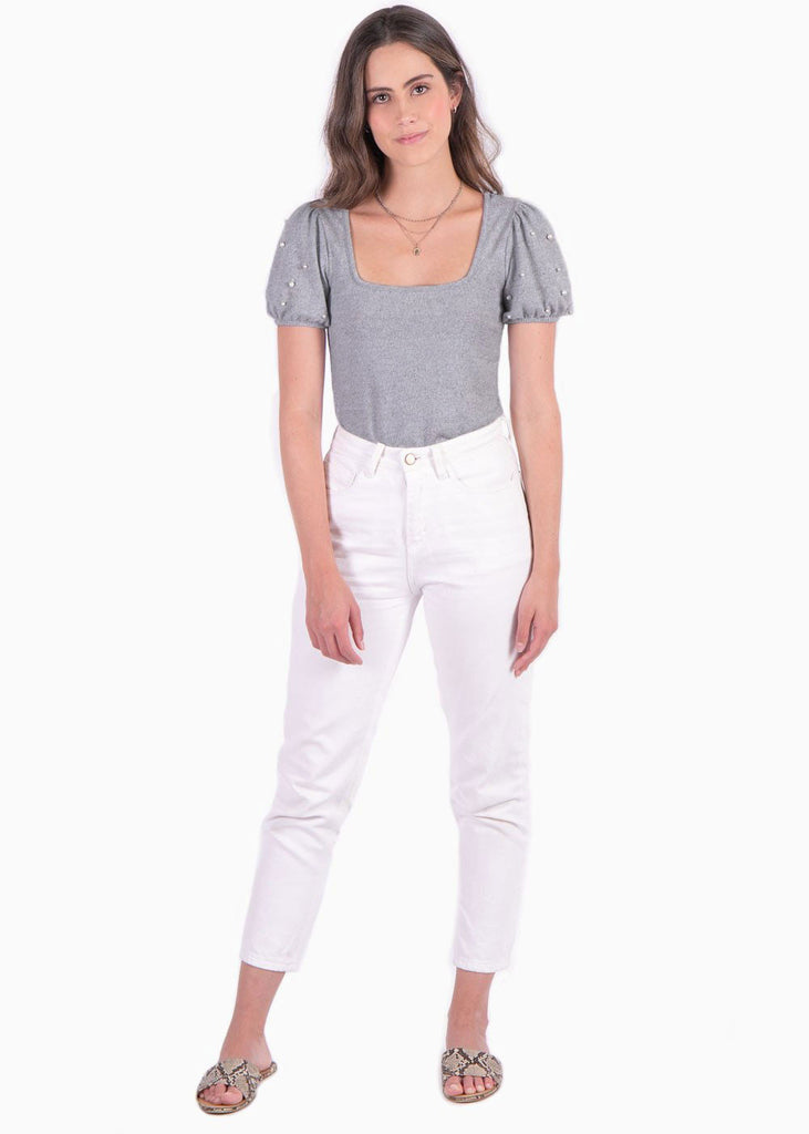 Blusa con mangas embombadas y escote cuadrado color gris para mujer - Flashy