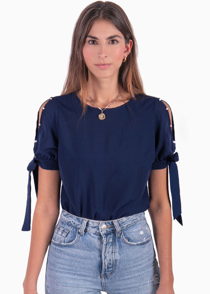 Blusa con perlas y anudados en mangas color azul para mujer - Flashy