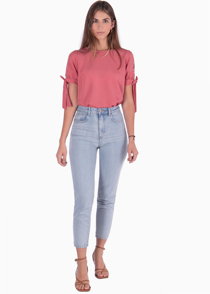 Blusa con perlas y anudados en mangas color rosado para mujer - Flashy