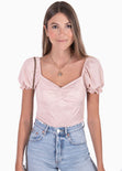 Blusa con recogido en escote y mangas embombadas color rosado para mujer - Flashy