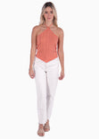 Blusa corta con cuello halter color coral para mujer - Flashy