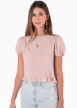 Blusa corta con mangas abullonadas, boleros y espalda descubierta color rosado para mujer - Flashy