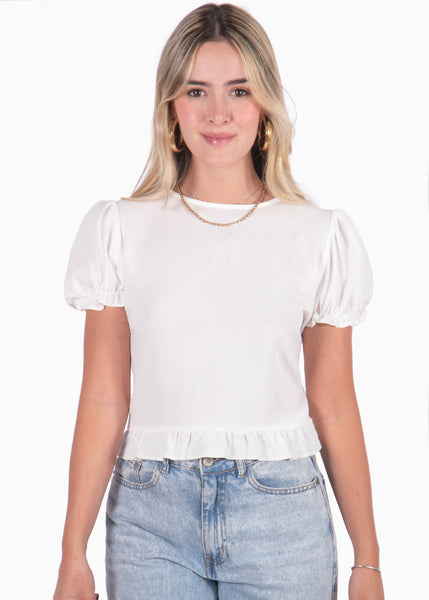 Blusa corta con mangas abullonadas, boleros y espalda descubierta color blanco, marfil para mujer - Flashy